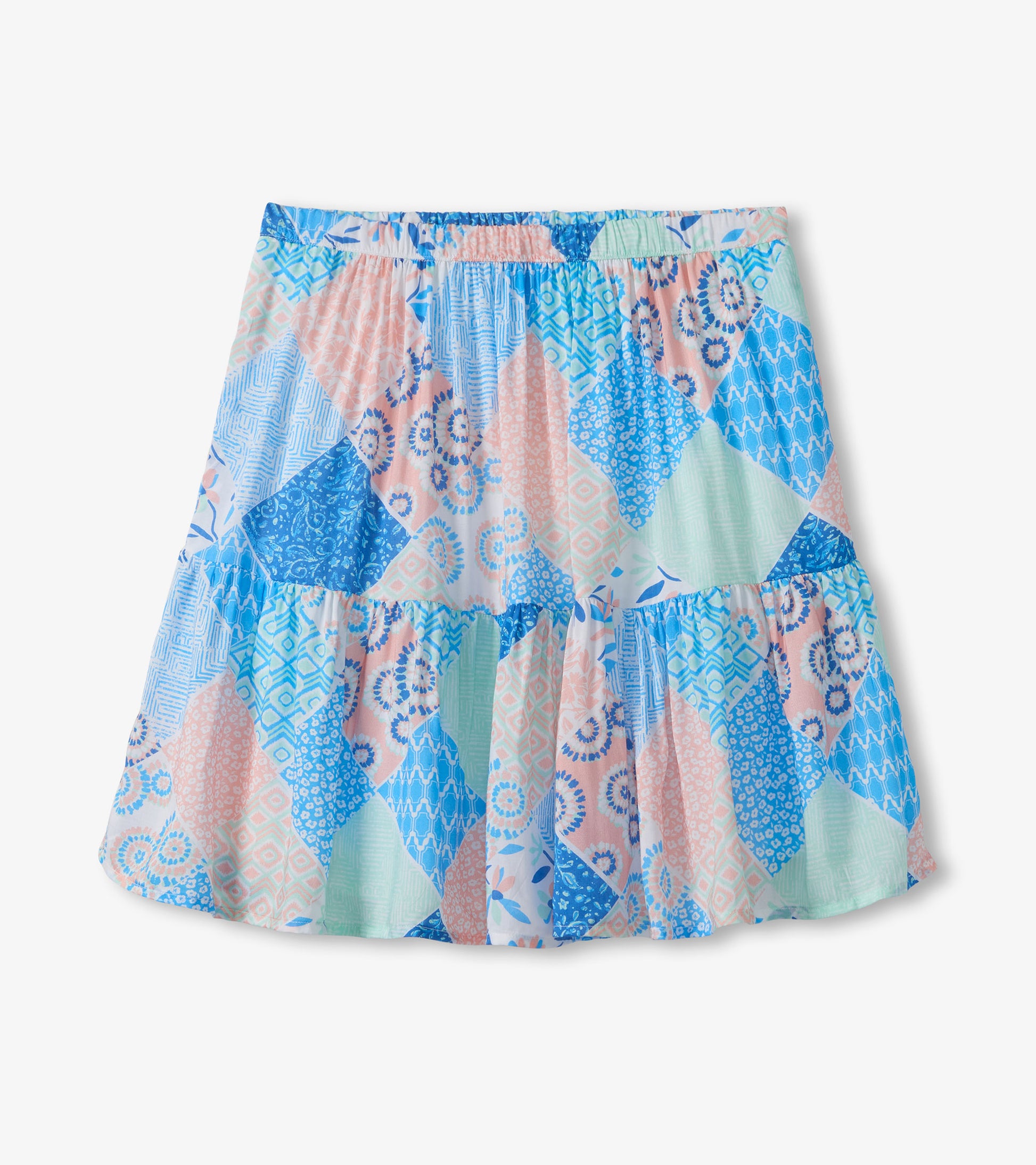 Patchwork flounce skirt with blue, pink, and mint geometric and floral prints, front view