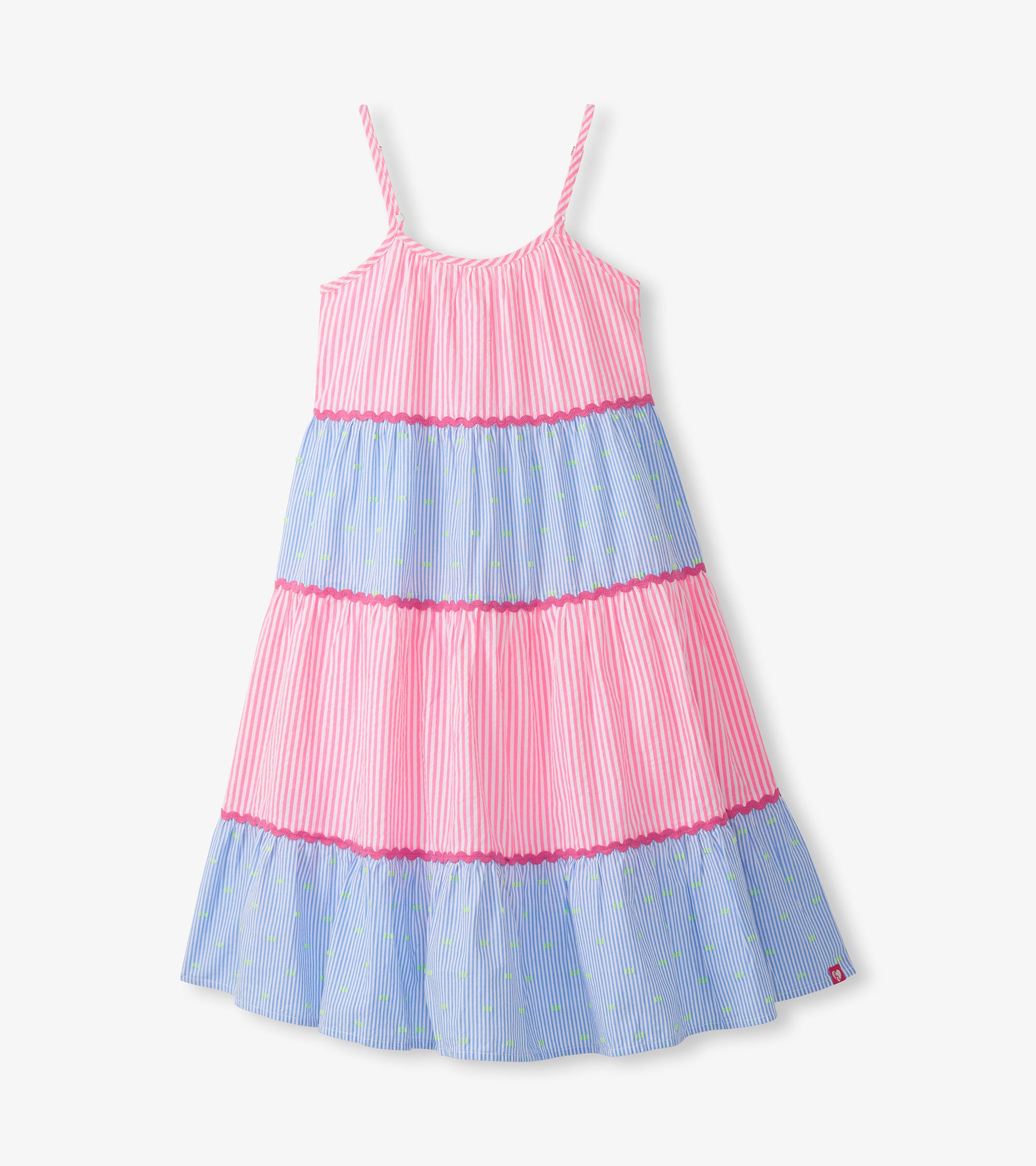 Girls strappy tiered midi dress with pink and blue striped panels, green dots, and pink scalloped trim