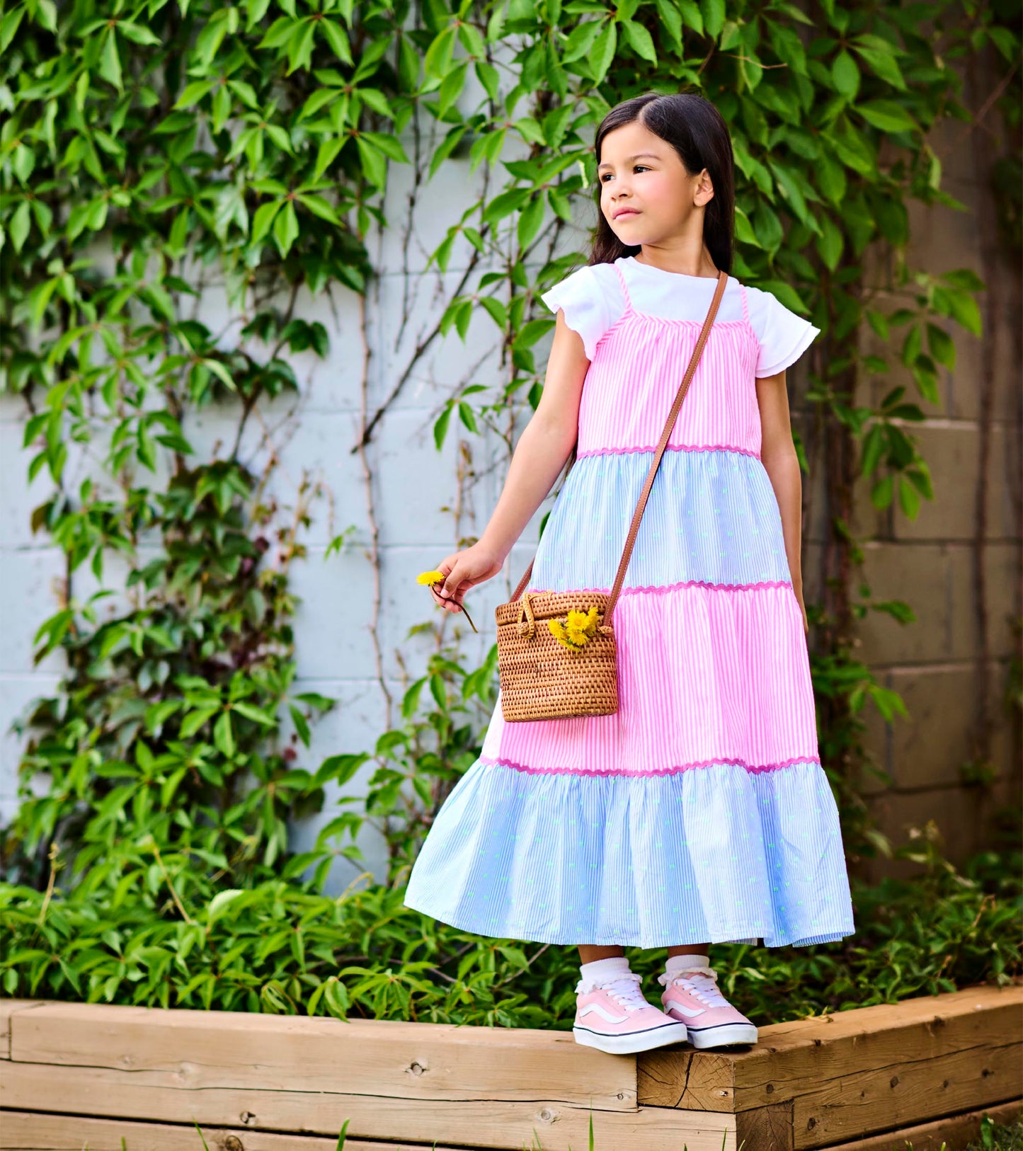 Girls Mixed Seersucker Strappy Midi Dress