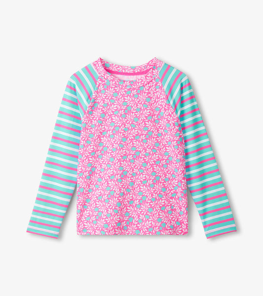 Girls Pink Floral Stripes Long Sleeve Rashguard