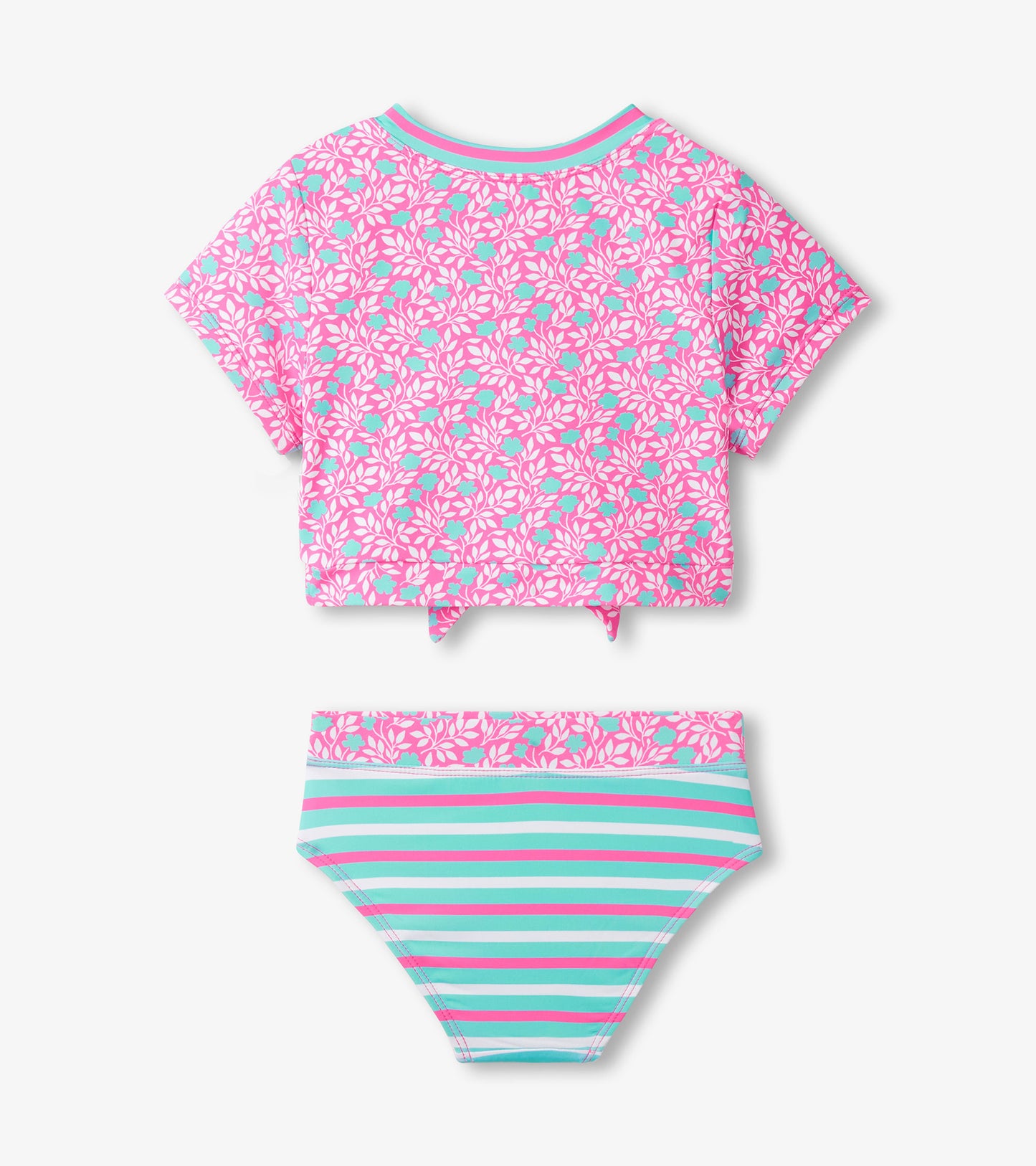 Girls Pink Floral Stripes Tie-Front Two-Piece Swimsuit