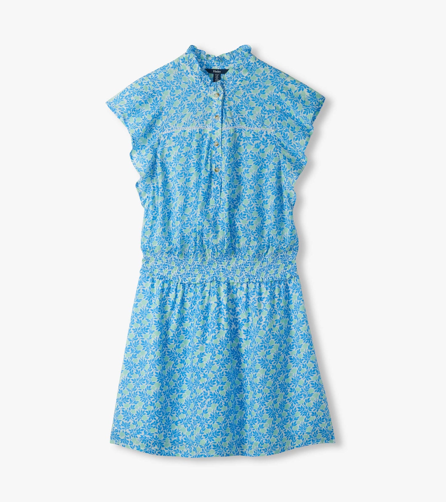 Ava Dress in blue and soft green vine print with flutter sleeves, ruffle collar and smocked waist