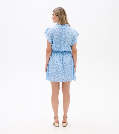 Back view of Ava Dress in blue and soft green mini vine print with flutter sleeves and smocked waist