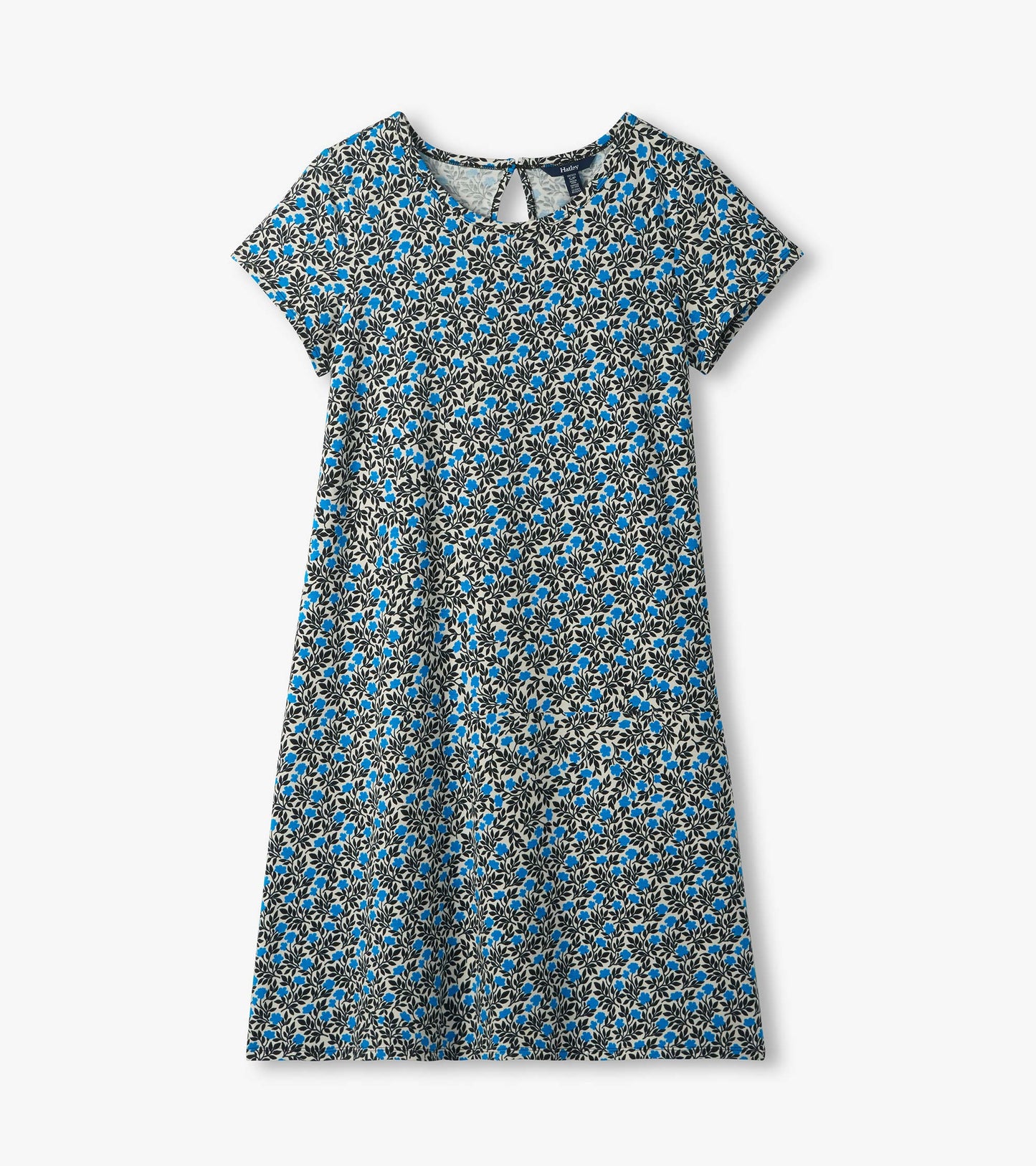 Cici A-line dress laid flat, showing short sleeves, round neckline, and back keyhole detail