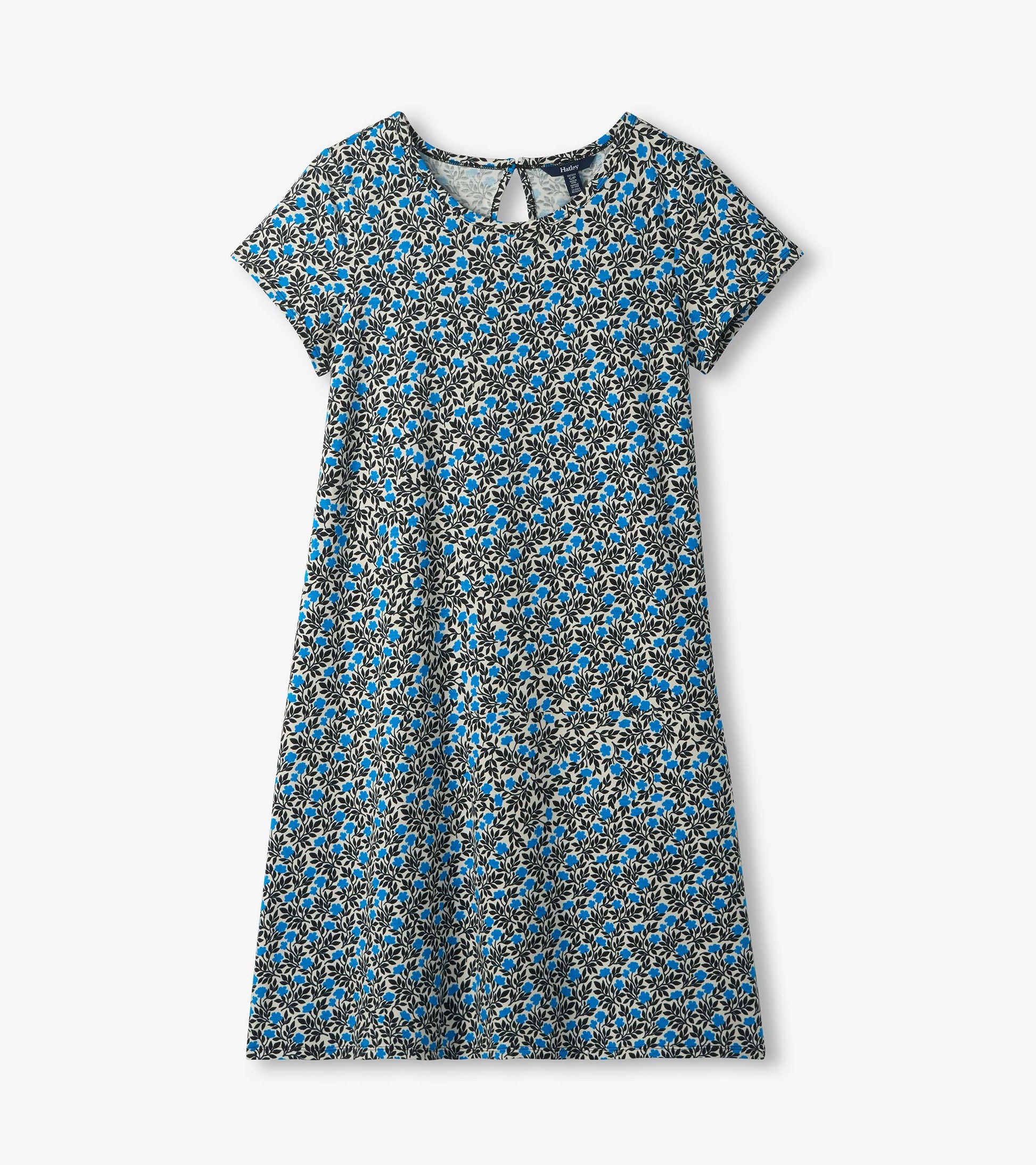 Cici A-line dress laid flat, showing short sleeves, round neckline, and back keyhole detail