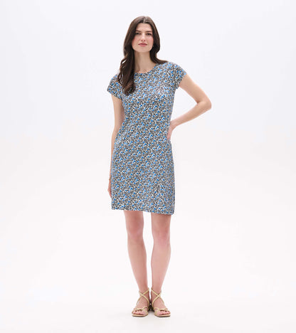 Full front view of Cici A-line mini dress with short sleeves and blue floral vine print