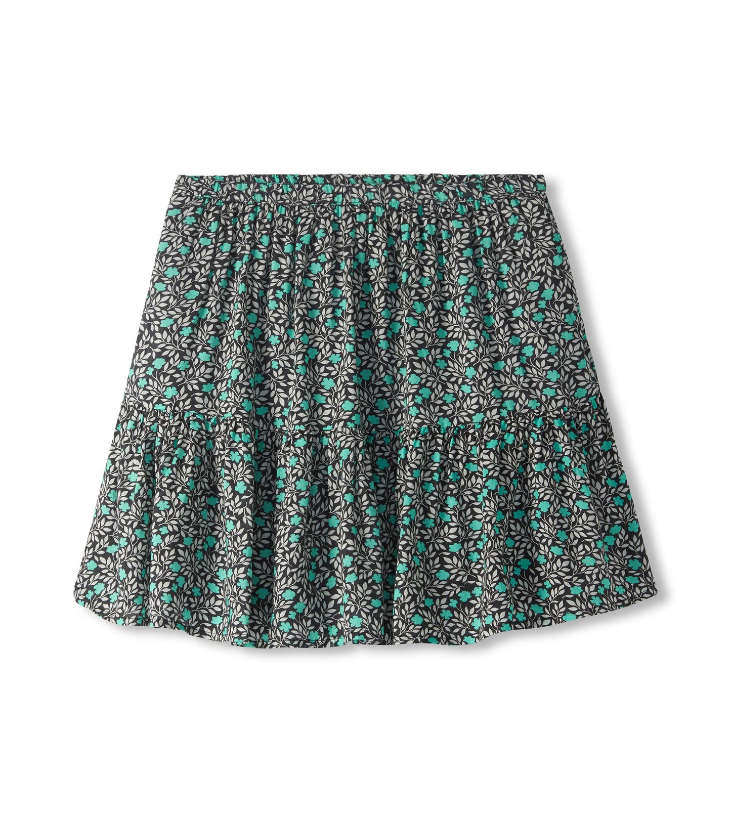 Black mini skirt with teal floral vine print and gathered tiered hem, front view