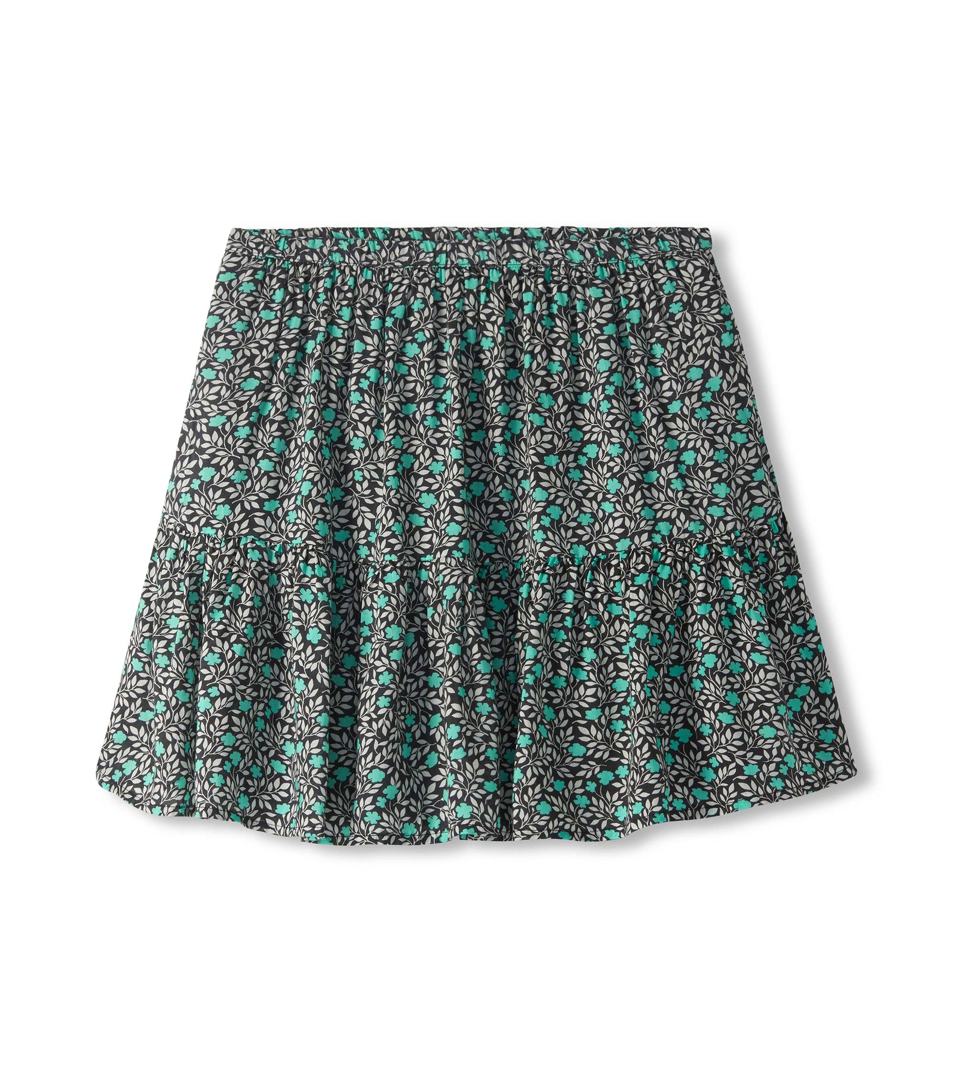 Black mini skirt with teal floral vine print and gathered tiered hem, front view
