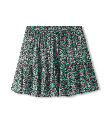 Black mini skirt with teal floral vine print and gathered tiered hem, front view