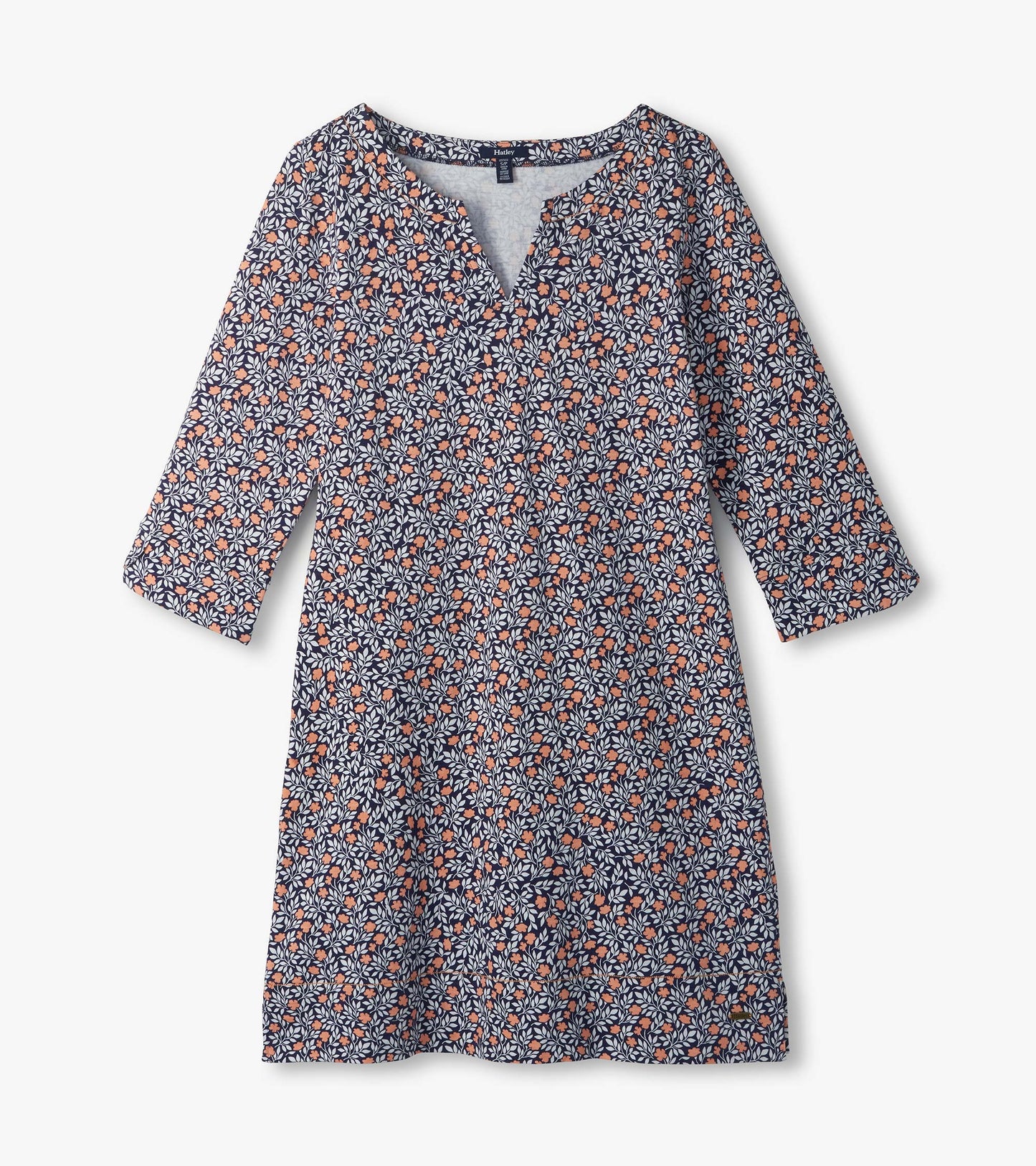 Navy floral mini dress with notch neck and three-quarter sleeves, front view