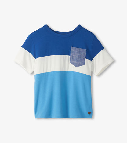 Boys short-sleeve color block T-shirt in blue, white, and light blue with chest pocket, front view