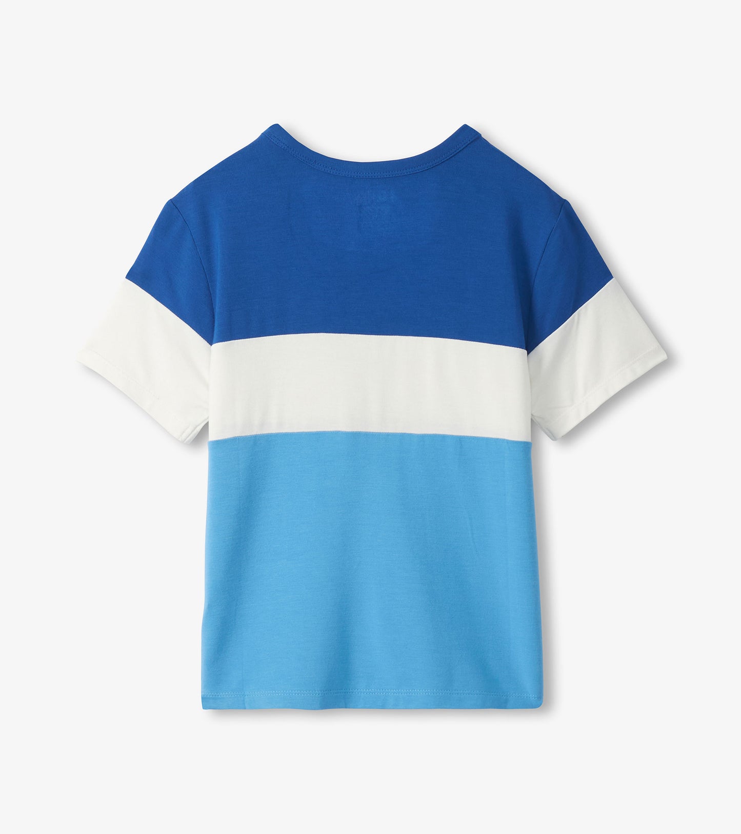 Boys short-sleeve color block T-shirt in blue, white, and light blue, back view