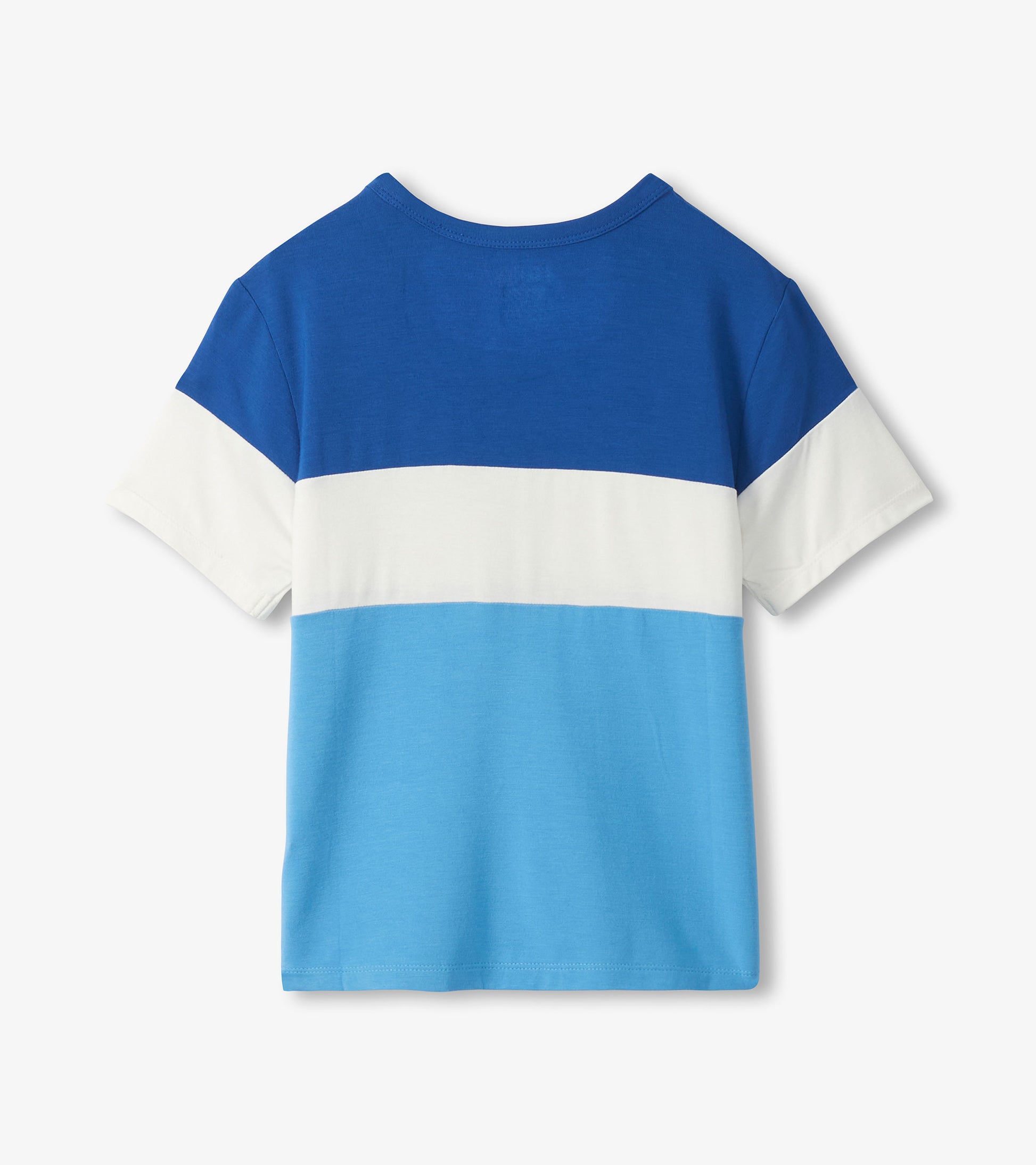 Boys short-sleeve color block T-shirt in blue, white, and light blue, back view