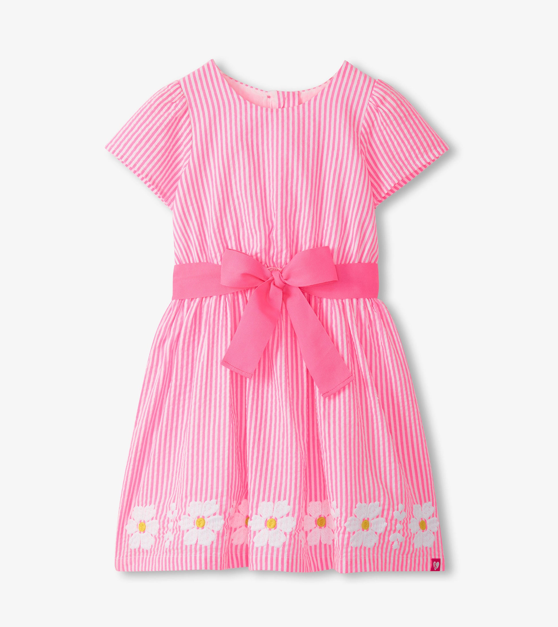 Pink and white striped girls dress with short sleeves, scoop neck, pink waist bow, and floral hem trim