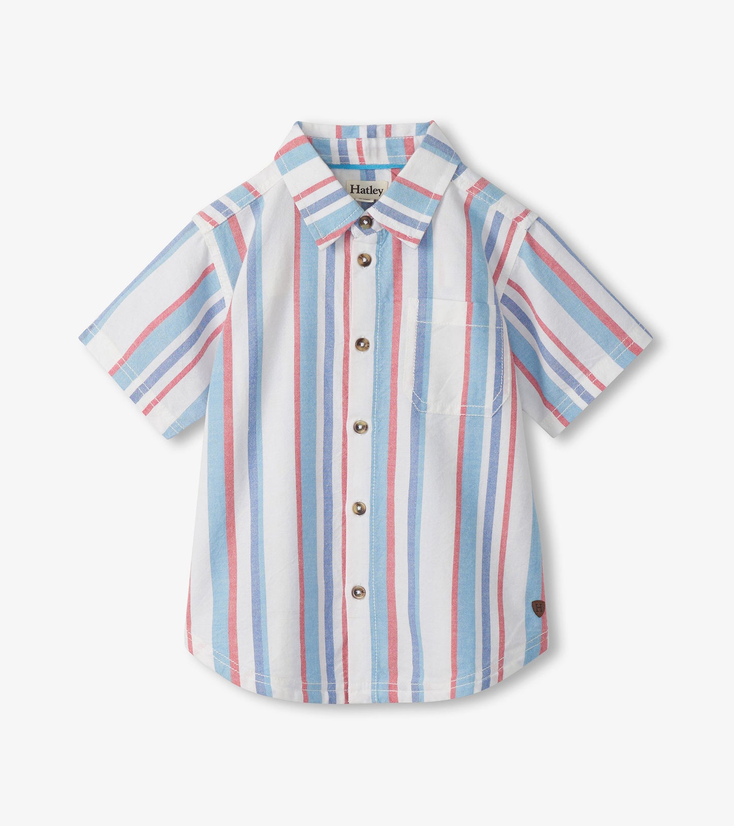Short-sleeve white button-down shirt with blue and pink vertical stripes and chest pocket, front view