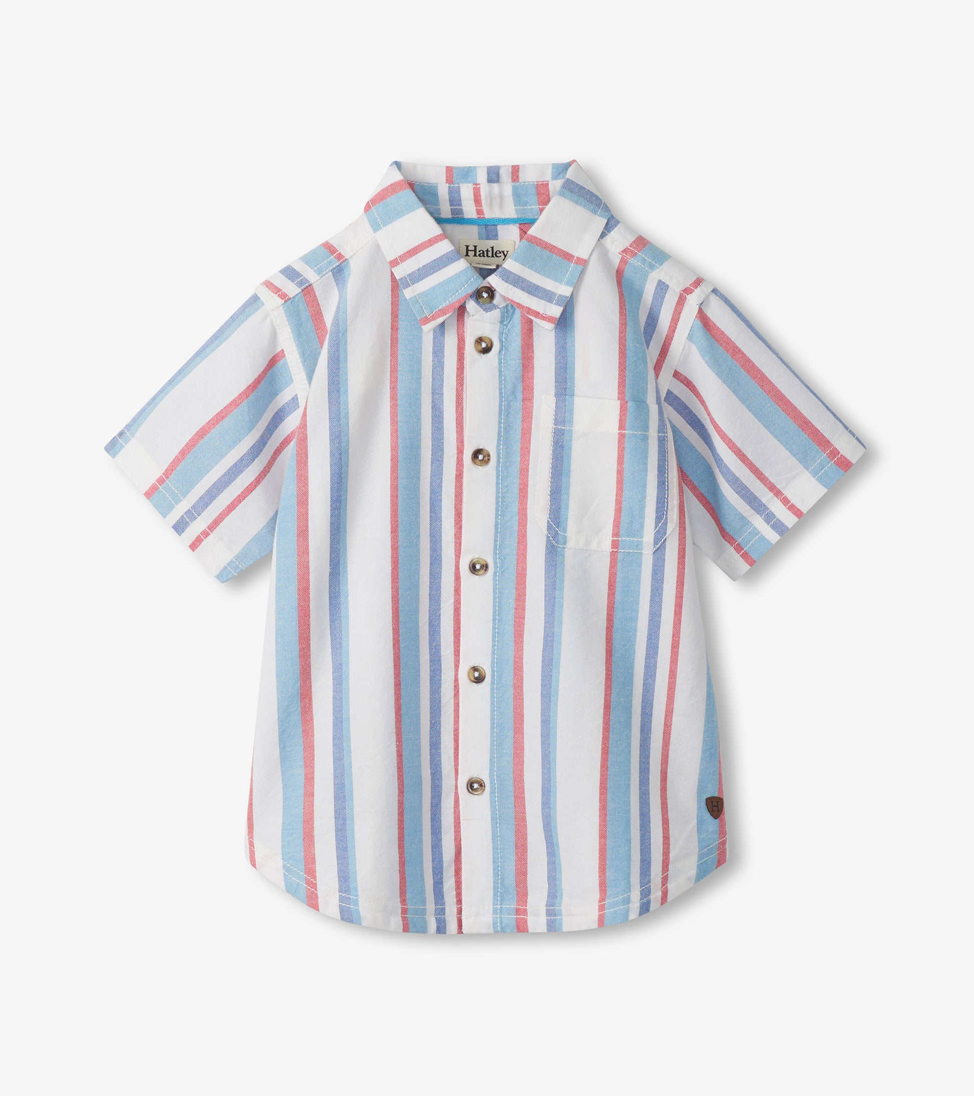 Short-sleeve white button-down shirt with blue and pink vertical stripes and chest pocket, front view
