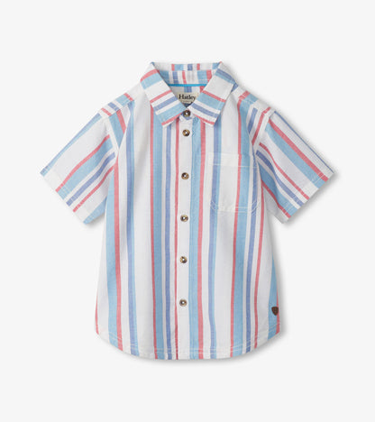 Short-sleeve white button-down shirt with blue and pink vertical stripes and chest pocket, front view
