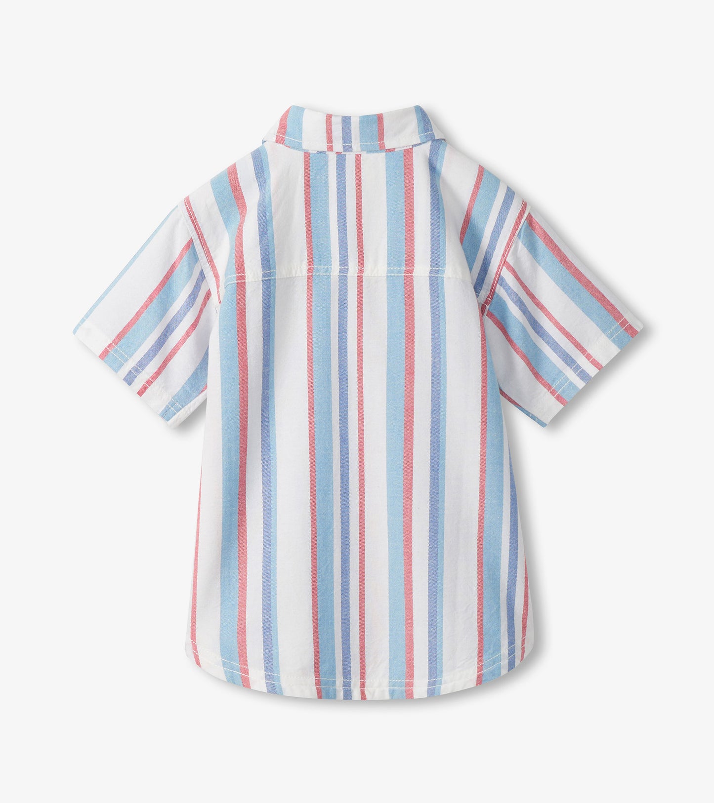 Back view of a white woven button-down shirt with vertical blue and pink stripes and short sleeves