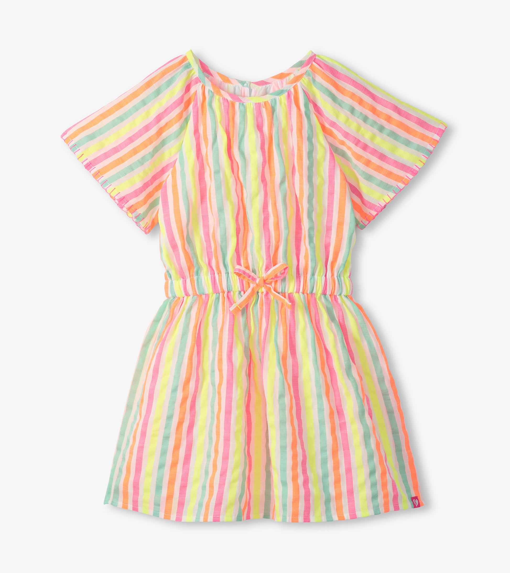 Girls pastel striped woven dress with short sleeves and waist tie, front view