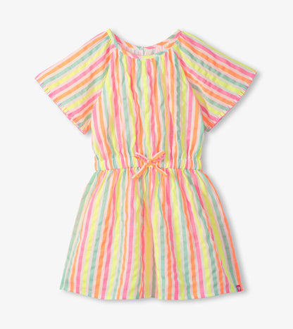 Girls pastel striped woven dress with short sleeves and waist tie, front view