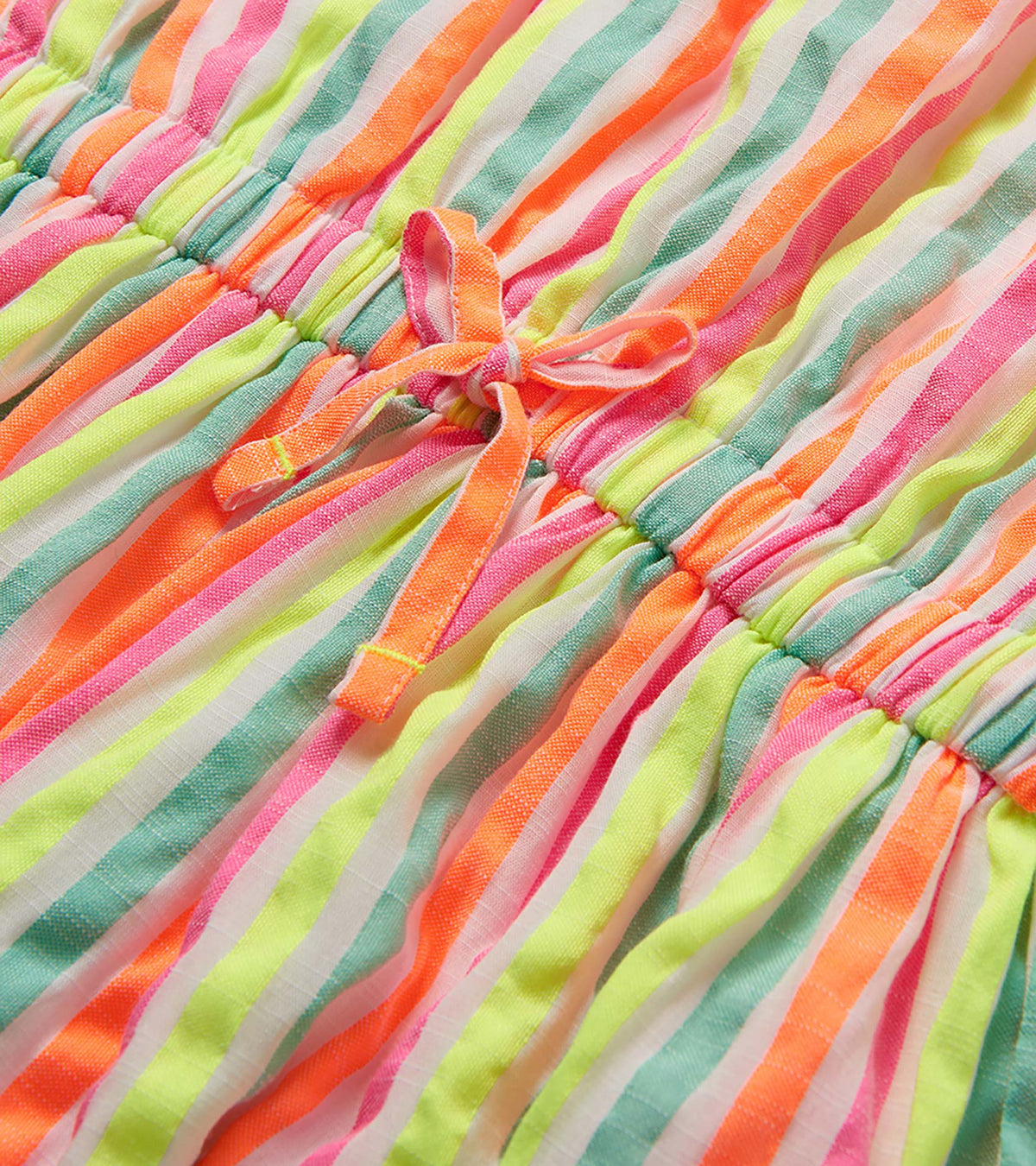 Close-up of the dress waist tie and gathered seam with neon pink, orange, yellow and mint stripes