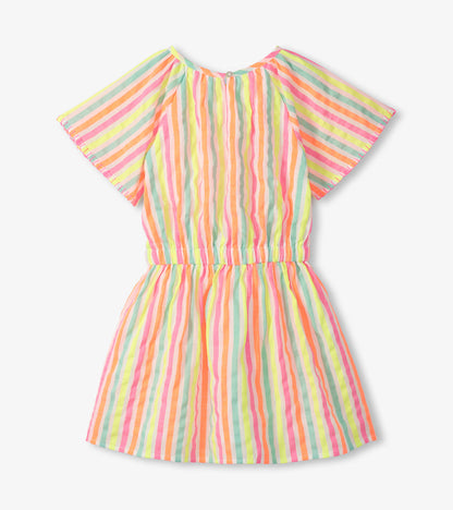 Girls multicolor vertical striped woven play dress with short flutter sleeves and gathered waist, front view