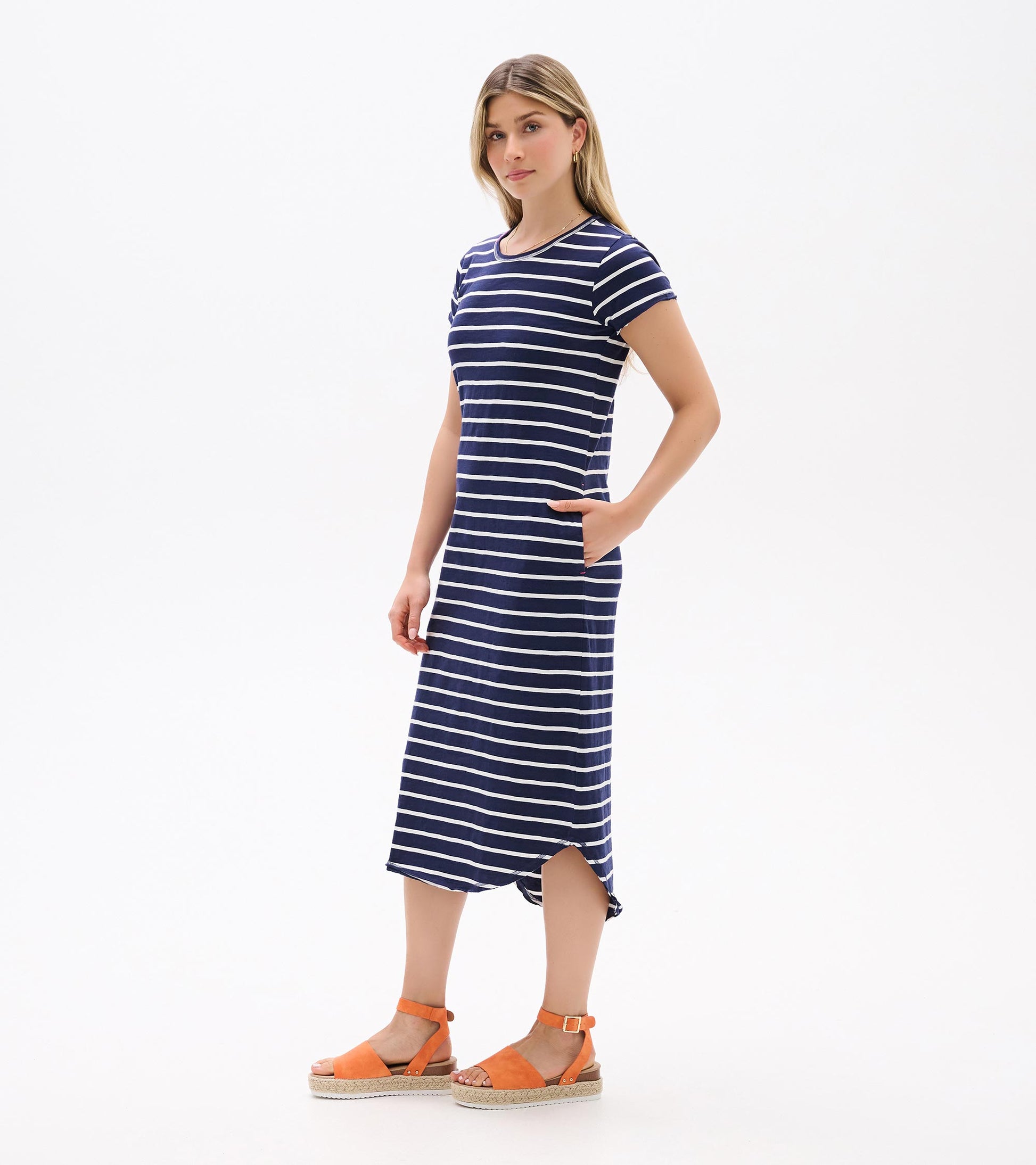 blue and white striped midi shirt dress Striped Midi Shirt Dress