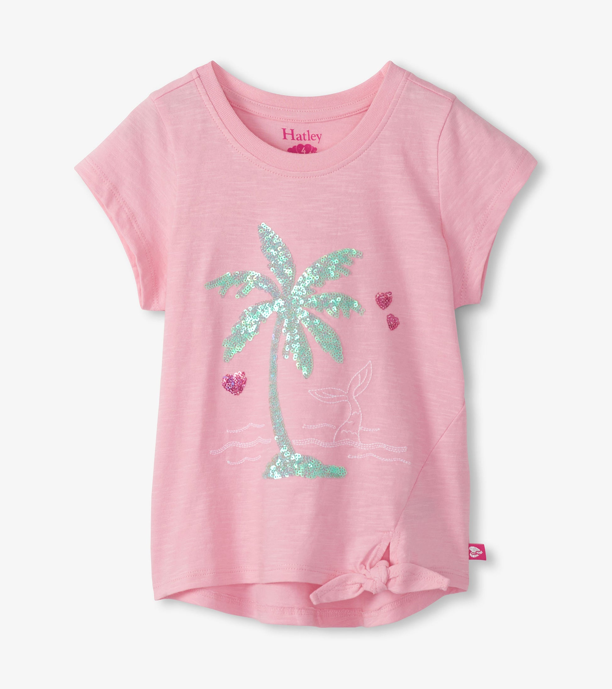 Pink girls tie-front T-shirt with short sleeves and a sequin palm tree graphic on the front