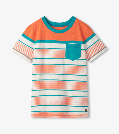 Kids short-sleeve crew neck T-shirt with orange, white, and teal horizontal stripes and chest pocket, front view