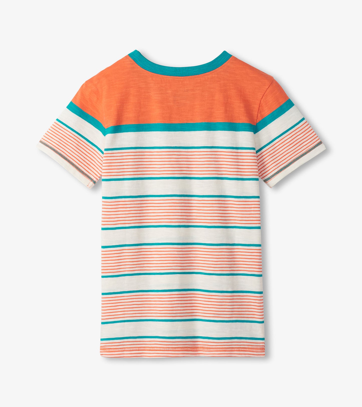 Back view of a boys' short-sleeve crew neck T-shirt with orange, white, teal, and coral horizontal stripes.