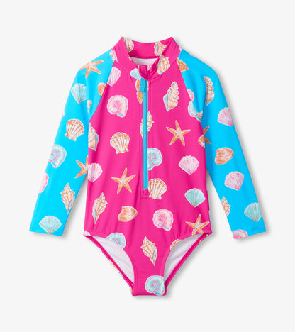 Girls Sea Shells Long Sleeve One-Piece Rashguard Swimsuit