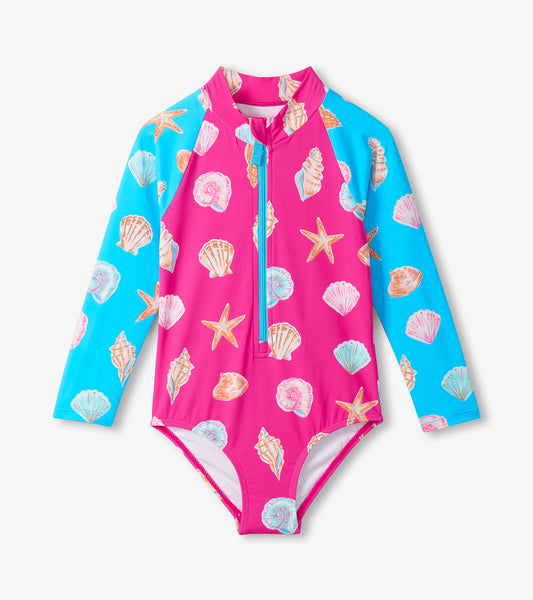 Girls Sea Shells Long Sleeve One-Piece Rashguard Swimsuit