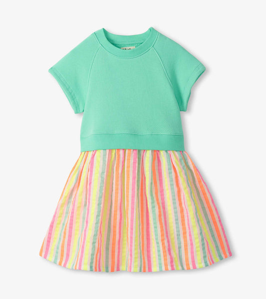 Girls mint short-sleeve dress with solid top and multicolor striped skirt, front view