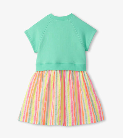 Girls mint short-sleeve dress with striped multicolor skirt, back view