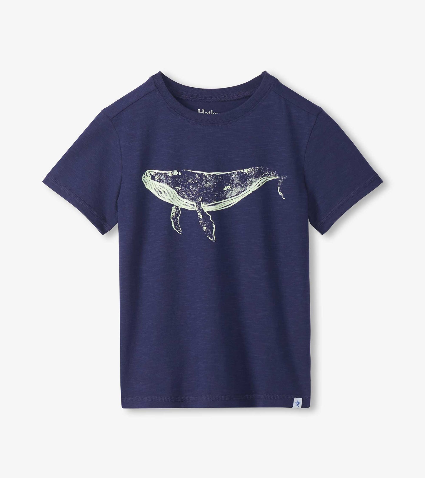Navy short-sleeve boys T-shirt with white whale graphic on the front