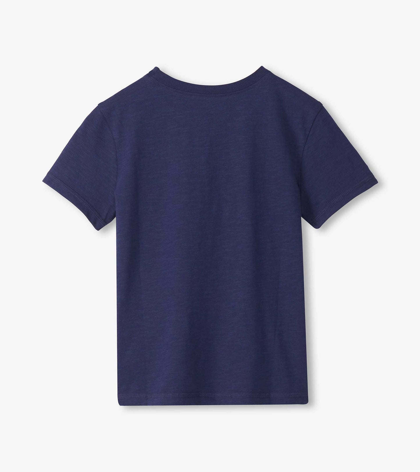 Navy short-sleeve boys T-shirt, back view, with crew neck and plain solid fabric