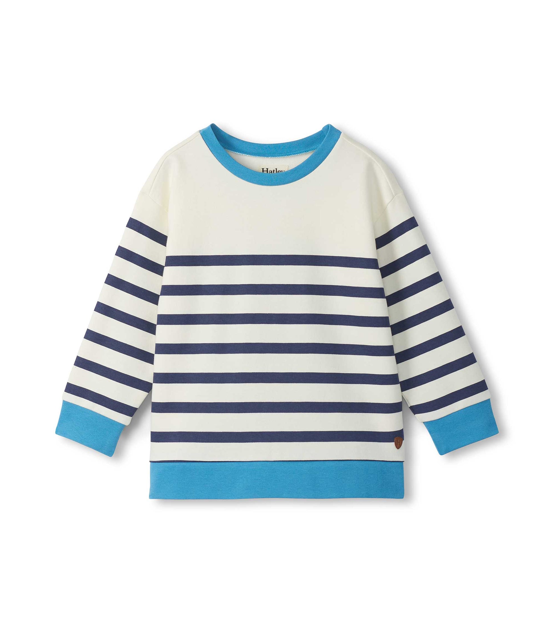 Boys cream pullover sweatshirt with navy horizontal stripes and bright blue trim, front view