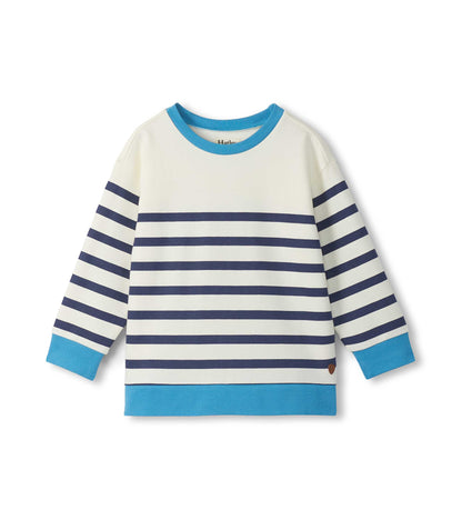 Boys cream pullover sweatshirt with navy horizontal stripes and bright blue trim, front view