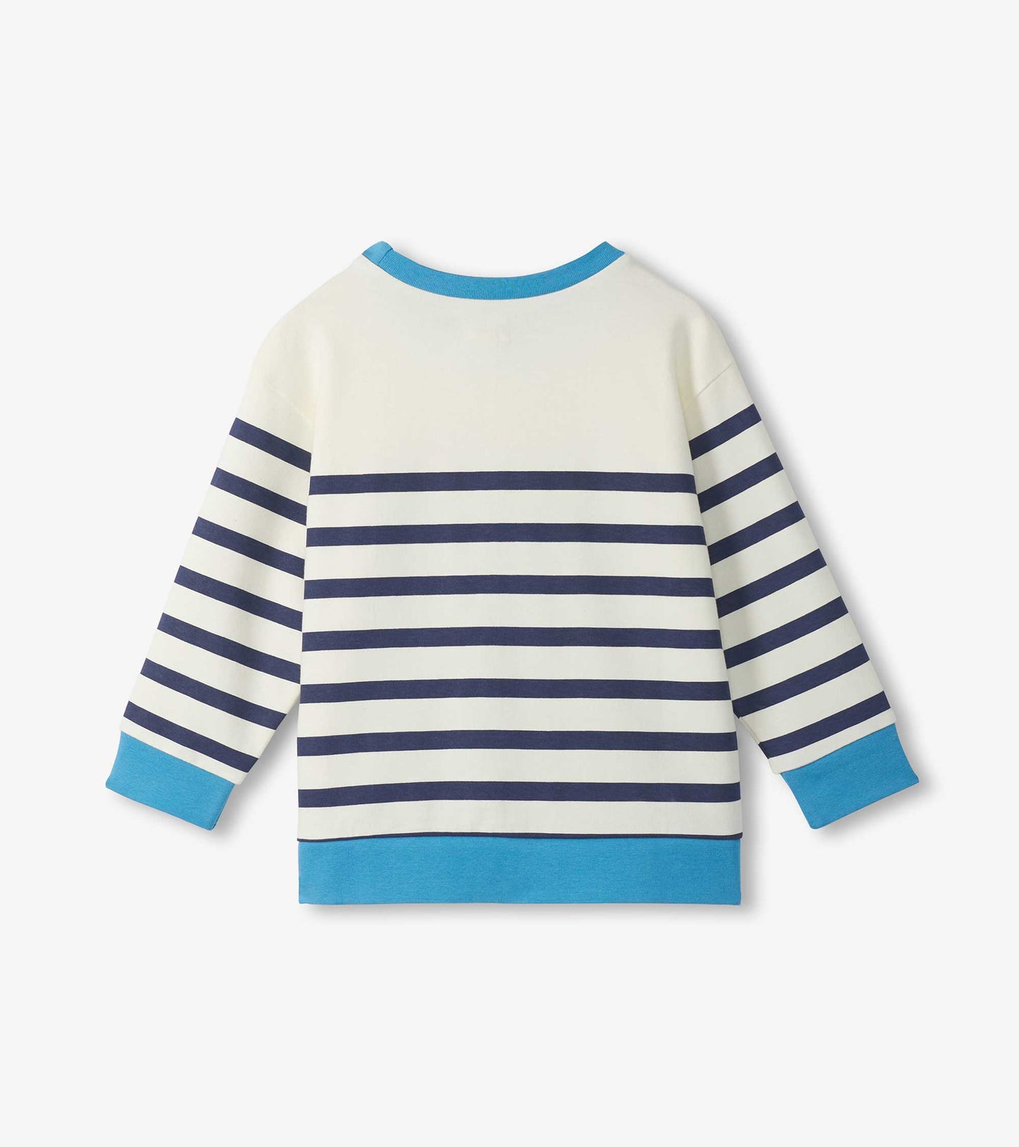 Front view of cream boys pullover sweatshirt with navy stripes and bright blue trim at collar, cuffs, and hem