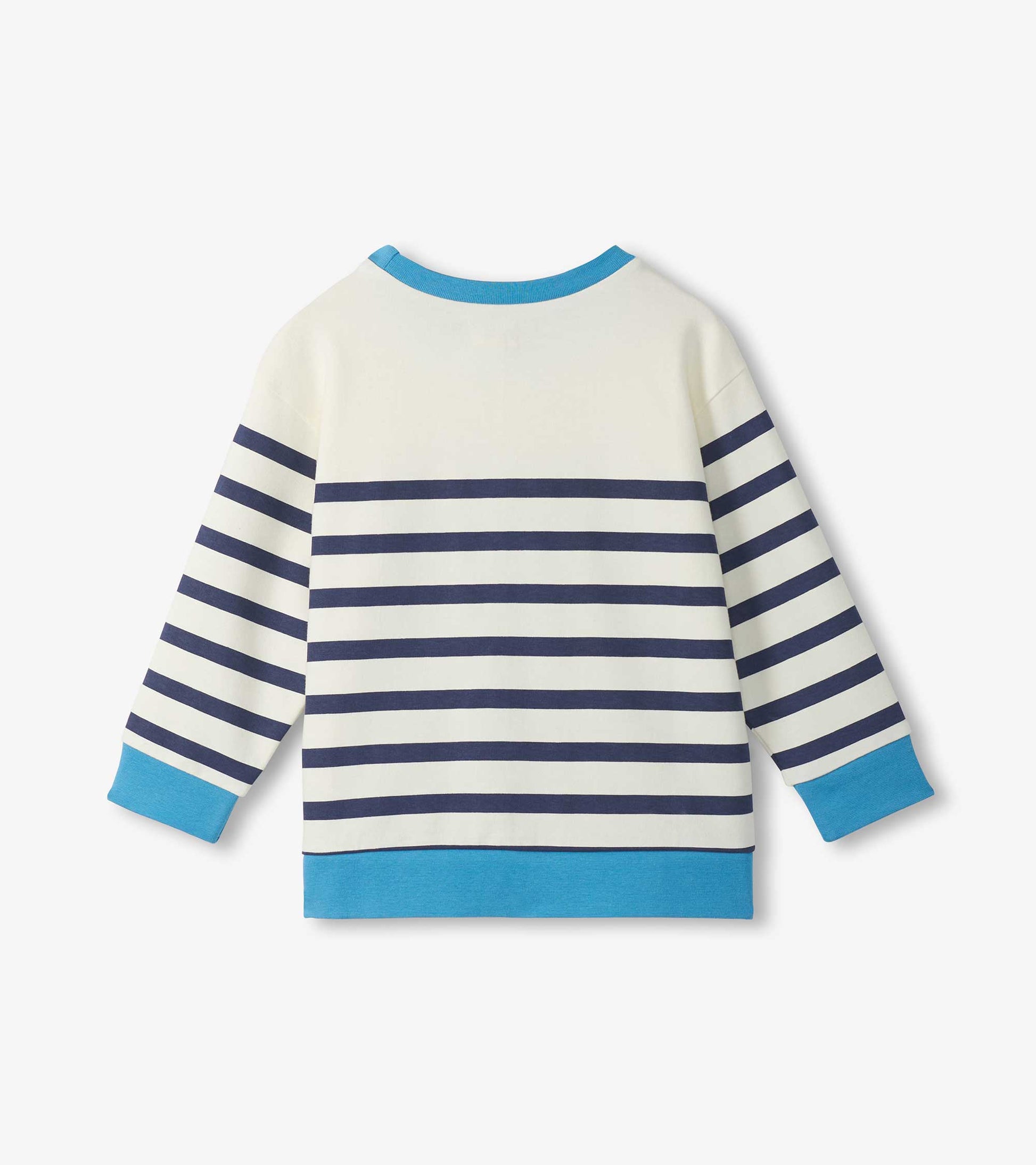 Front view of cream boys pullover sweatshirt with navy stripes and bright blue trim at collar, cuffs, and hem