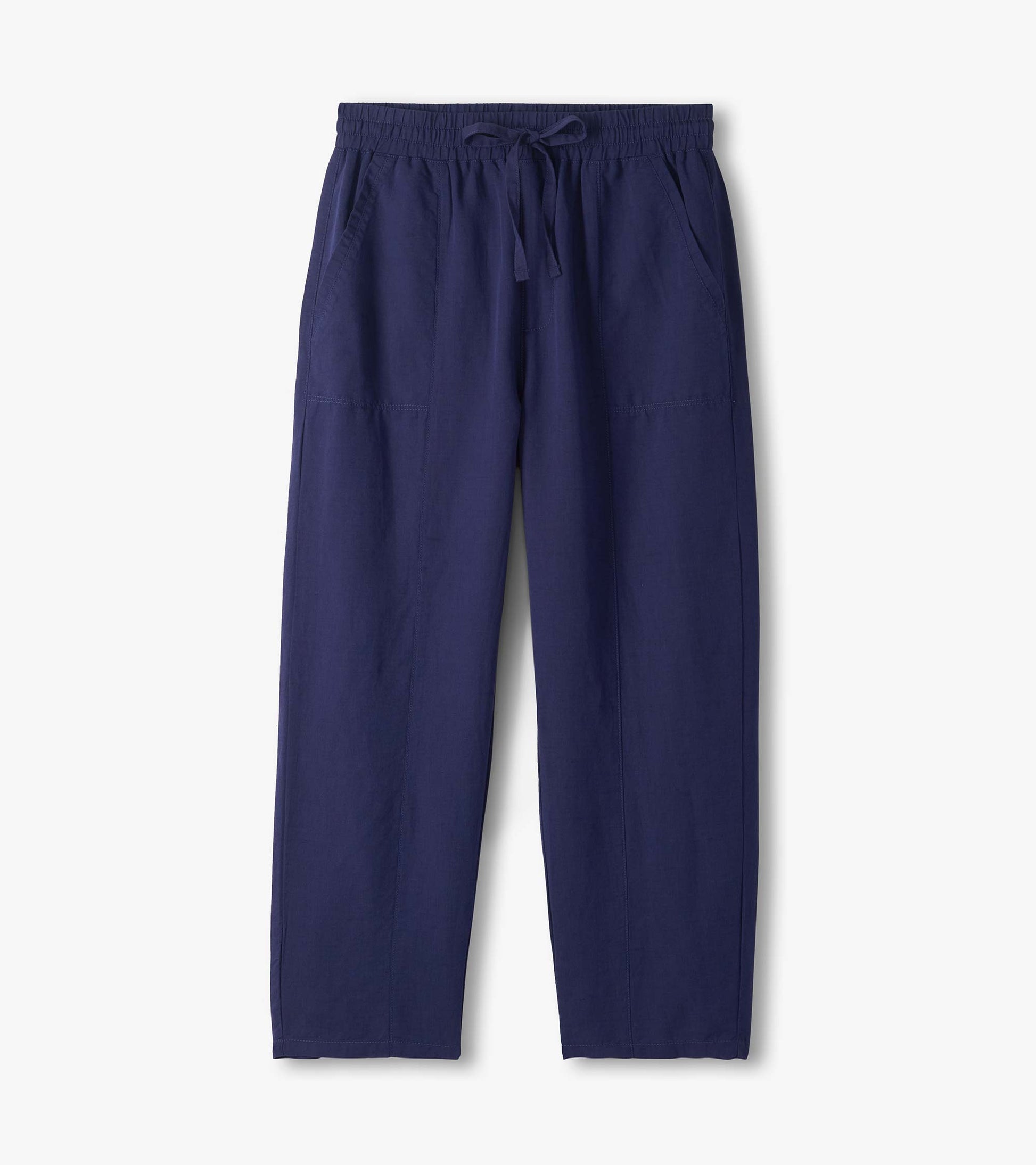 Navy blue straight-leg pants with elastic waistband, drawstring, and side pockets, front view