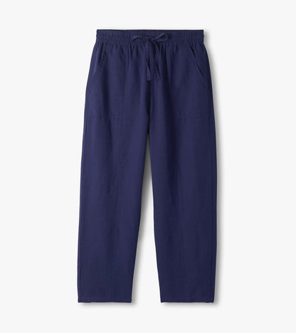 Navy blue straight-leg pants with elastic waistband, drawstring, and side pockets, front view