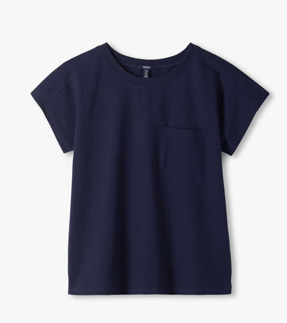 Navy blue relaxed-fit short-sleeve tee with crew neck and chest pocket, front view