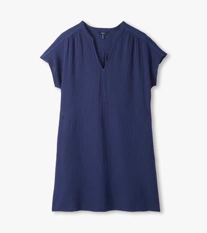 Navy blue short-sleeve dress with V-neck and subtle textured fabric, front view