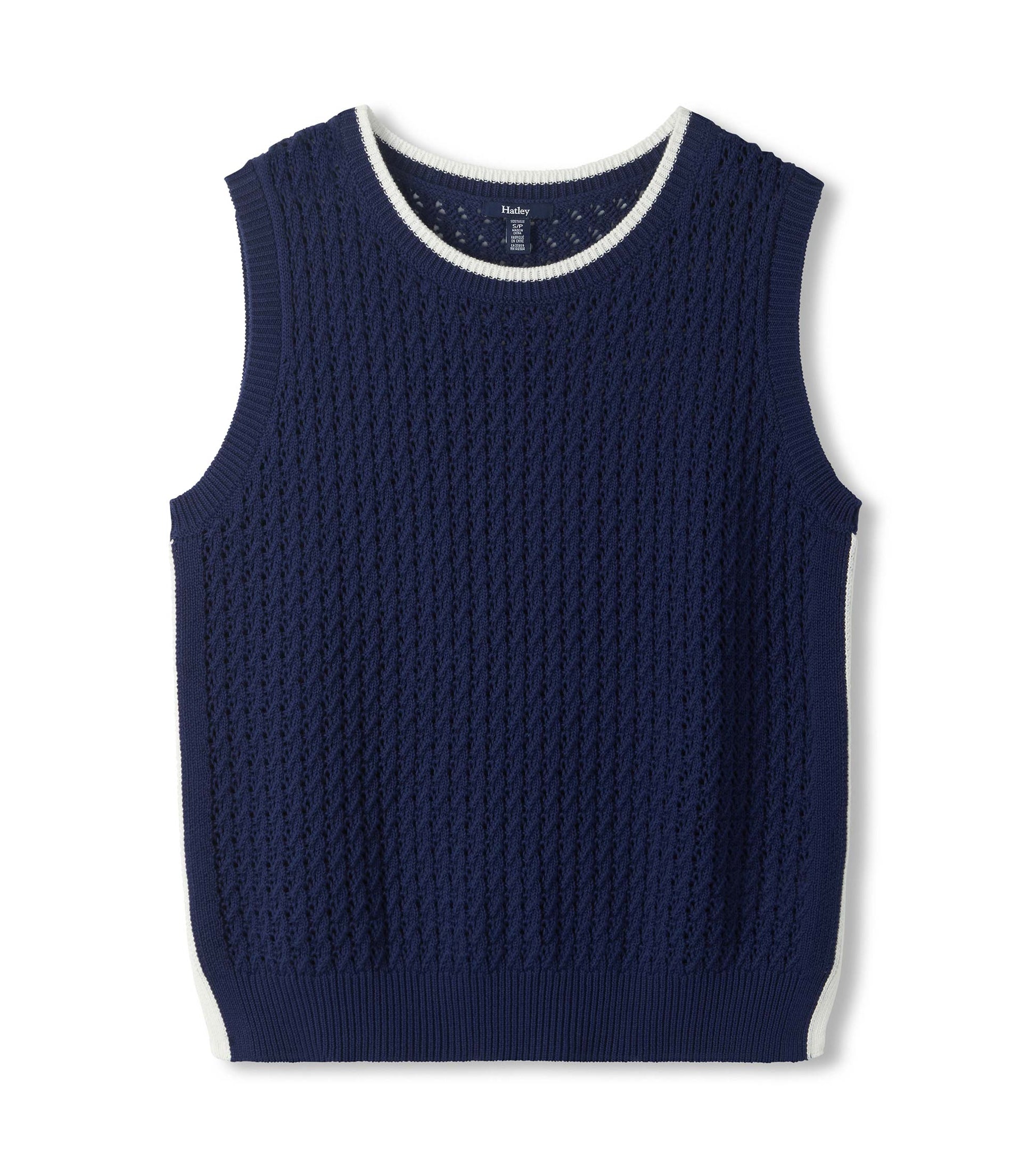 Navy blue knit tank top with white trim, sleeveless, front view