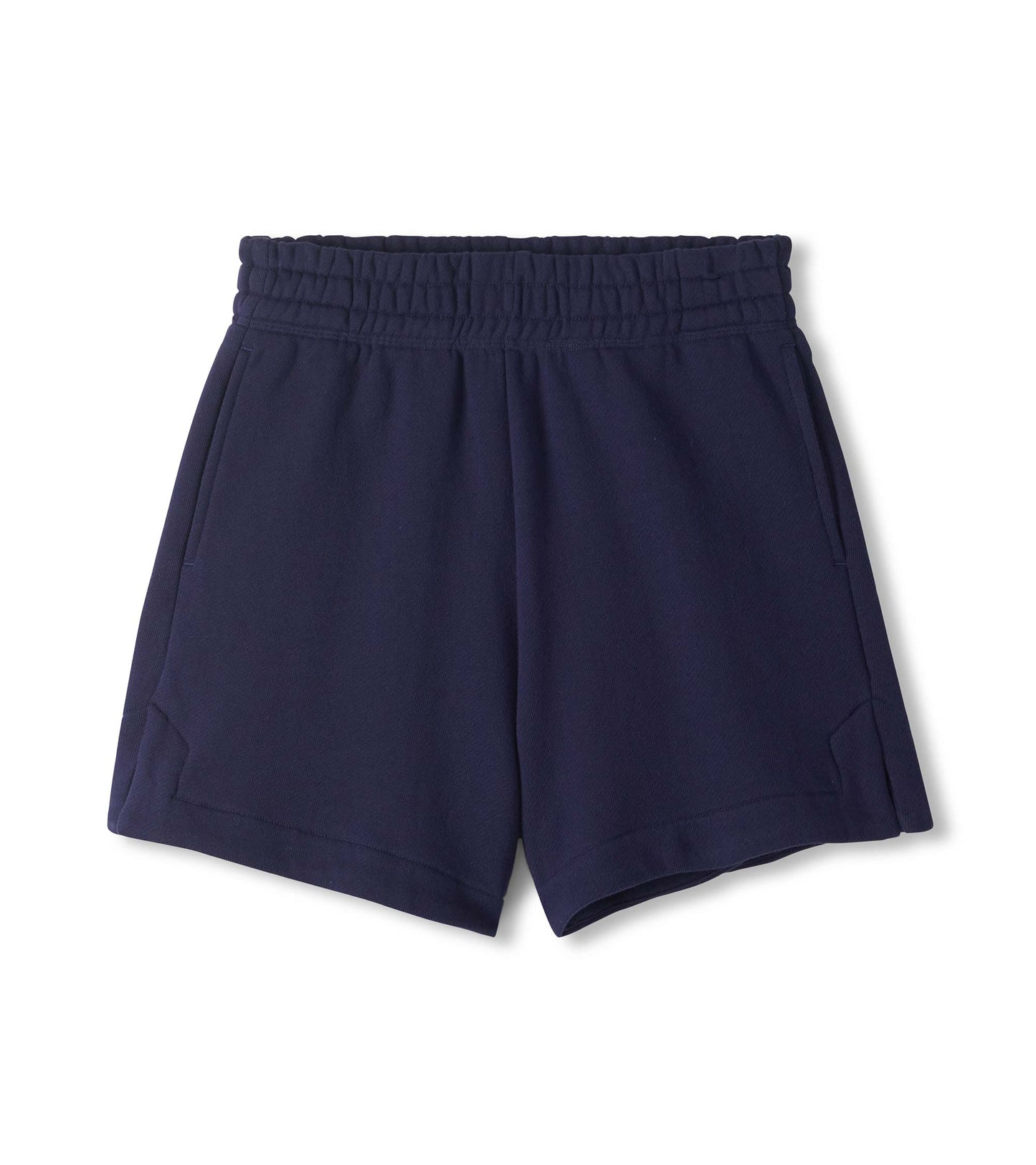 Navy blue athletic shorts with an elastic waistband and side pockets, front view