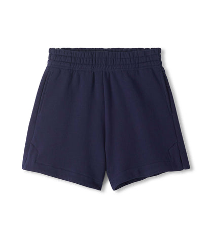 Navy blue athletic shorts with an elastic waistband and side pockets, front view