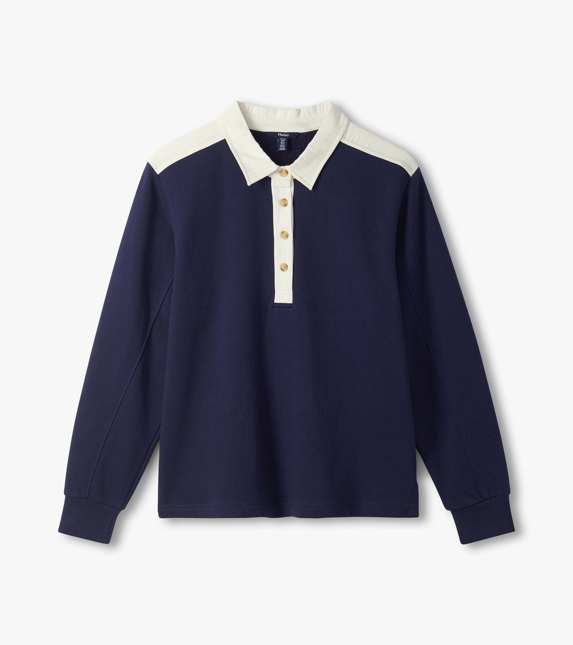 Navy long-sleeve polo top with cream collar, placket, and shoulder accents, front view