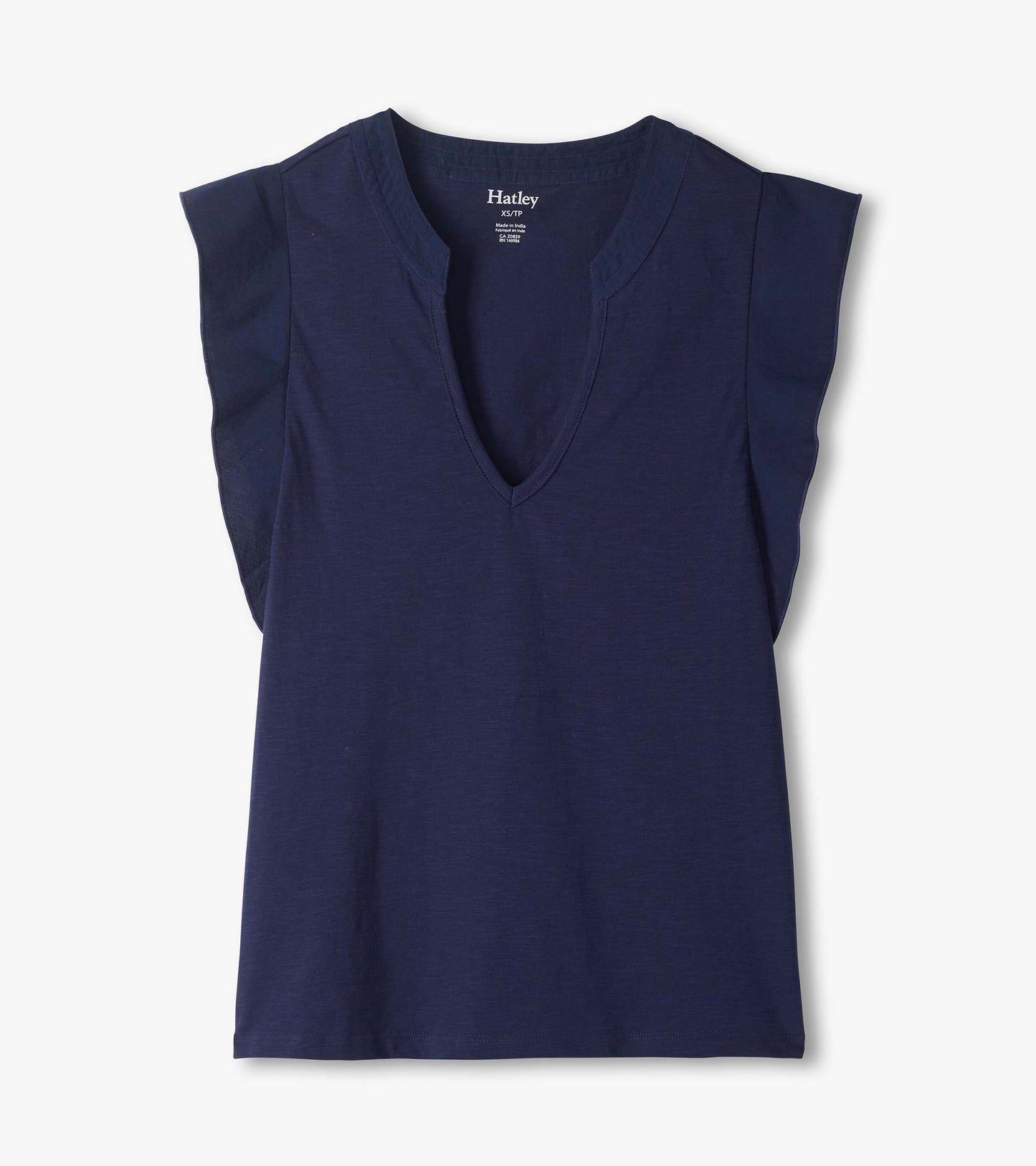 Navy blue sleeveless V-neck tank top with a relaxed fit and subtle textured fabric, front view