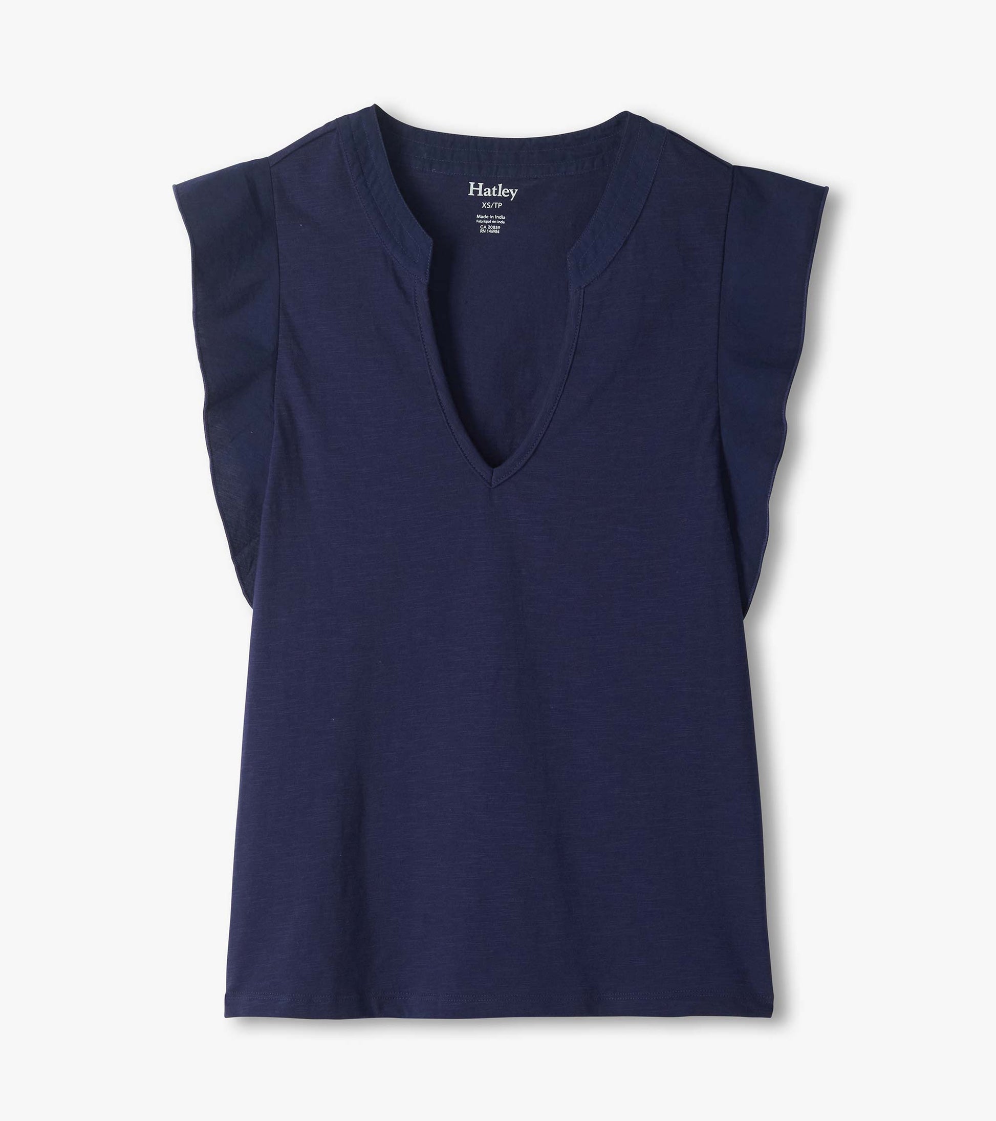 Navy blue sleeveless V-neck tank top with a relaxed fit and subtle textured fabric, front view